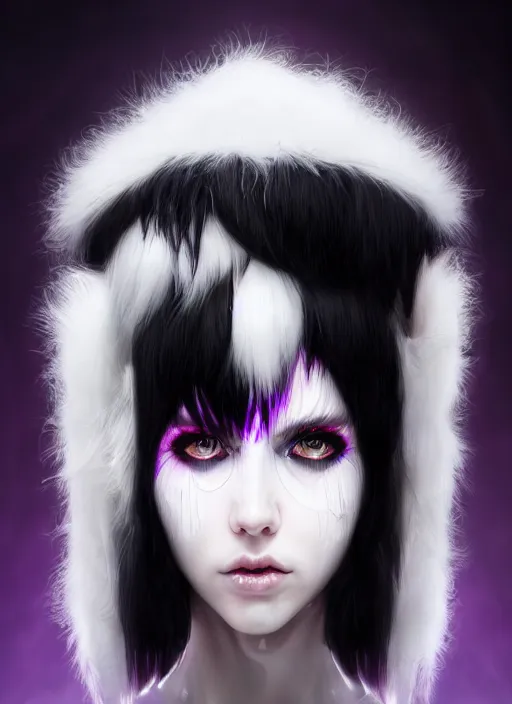 Image similar to whitebangs, black hair, black cyberlox, portrait of white teenage girl, normal face, white bangs, fluffy bangs, cyberlox, whitebangs, red contact lenses, purple background, intricate, elegant, highly detailed, digital painting, artstation, concept art, sharp focus, smooth, illustration, art by wlop, mars ravelo and greg rutkowski