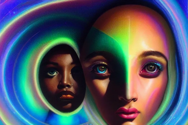 Image similar to patron saint of 🛸🌈👩🏾, futuristic iridescent clothing, wormhole, nebula, black hole, multiverse, neon god of city character portrait, in the style of margaret keane, moebius, tom bagshaw, and waterhouse, cinematic lighting, beautiful, elegant, oil painting,