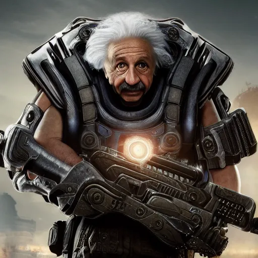 Image similar to Albert Einstein in Gears of War, splash art, movie still, detailed face, cinematic lighting, dramatic, octane render, long lens, shallow depth of field, bokeh, anamorphic lens flare, 8k, hyper detailed, 35mm film grain