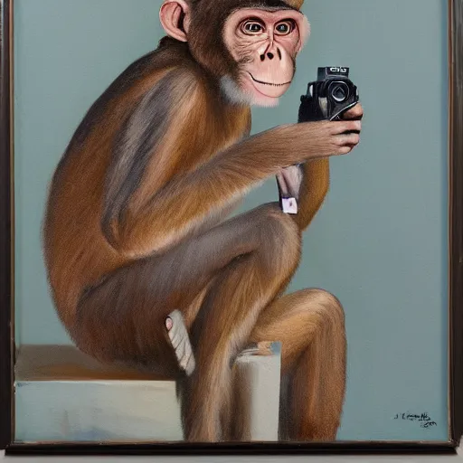 Image similar to Portrait of a monkey holding a camera, oil painting