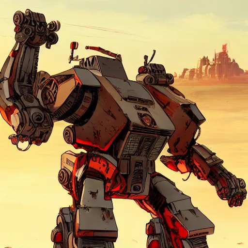 Prompt: comic book style battlemech, post-apocalyptic, high-tech, hulking, wide shot, desert background, smooth, artstation, sharp focus, illustration, art by abaddon and magali villeneuve, red brown and white color scheme
