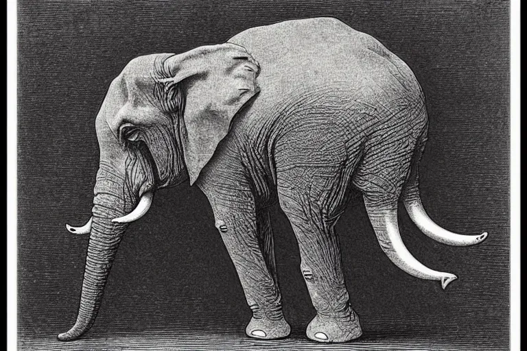 Image similar to elephant holding flat planet, Gustave Dore lithography