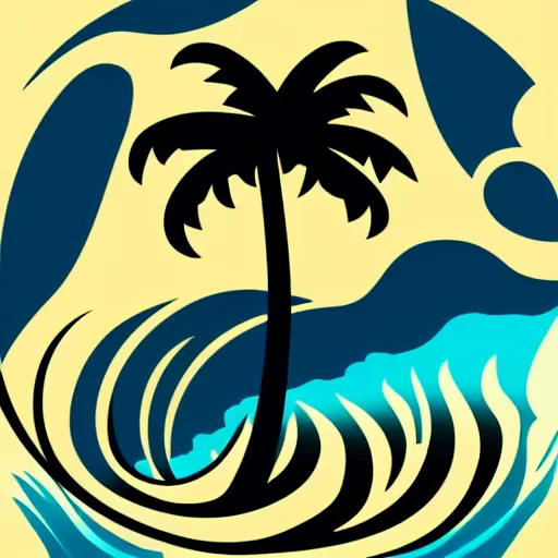 Image similar to waves in bottom front of a palm tree in front of a giant stylized volleyball vector logo, professional sports style, flat colour, svg, professional, sharp edges