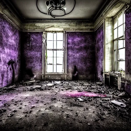 Image similar to unnerving and dark photograph of the inside of an abandoned insane asylum in an alternate horrific purple dimension