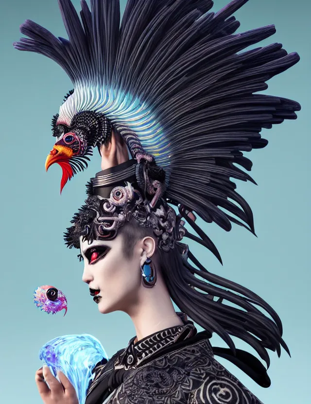 Image similar to 3 d goddess close - up profile portrait punk with mohawk with ram skull. beautiful intricately detailed japanese crow kitsune mask and clasical japanese kimono. betta fish, jellyfish phoenix, bio luminescent, plasma, ice, water, wind, creature, artwork by tooth wu and wlop and beeple and greg rutkowski