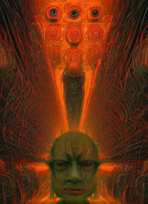 Prompt: A wall full of eyes, symmetrical, neon, RGB, glowing wires everywhere, pristine, by Edgar Maxence and Ross Tran, Zdzisław Beksiński, and Michael Whelan, gustav dore, H.R. Giger, 8k, octane render