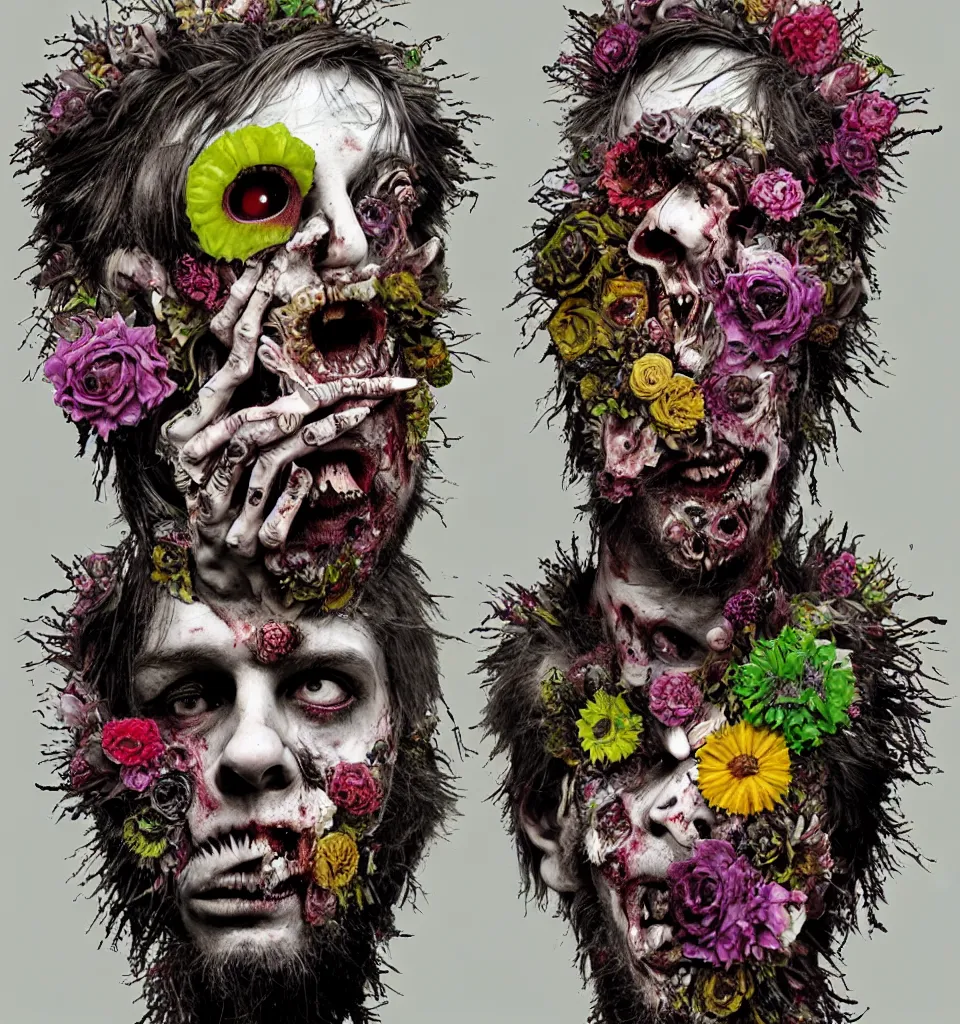 Prompt: zombie, punk rock, young male, bearded, multicolored faces, fruit and flowers, gemstone eyes, botanical, vanitas, sculptural, baroque, rococo, intricate detail, spiral, ornamental, photocopied, kaleidoscopic, dynamic lighting, art by david altmejd