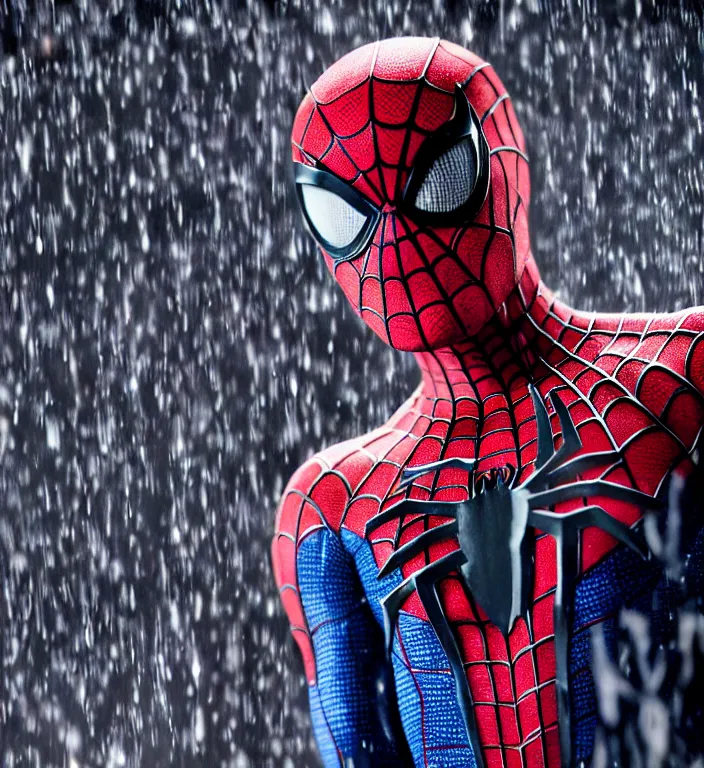 Image similar to cinematic of tobey maguire as spiderman, dramatic rain, 8 k