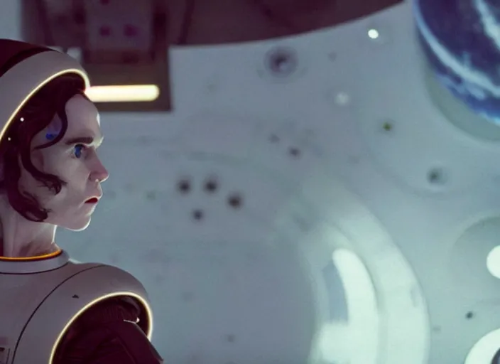 Prompt: first official image from paul thomas anderson's new space opera film starring grimes in a 1 9 7 0's moonbase. shot on alexa mini, stunning cinematography, filmgrain, kodak vision 2 0 0 t, shot composition