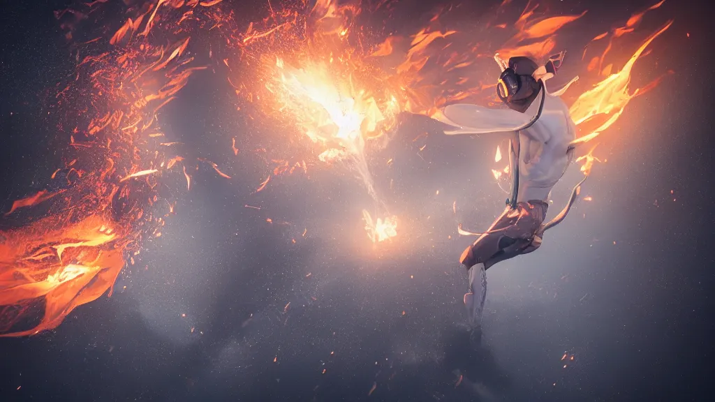 Image similar to a man in white tights flies from volcano and flame Magnetic field, intricate, highly detailed, artstation trending, ray tracing, cinematic, art by andrey surnov, concept art,