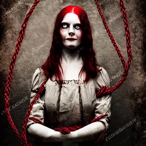 Image similar to dark schizophrenia portrait, death not dresses body red head woman in medieval dress, strangled with rope, blur effect face, victorian style, high detail