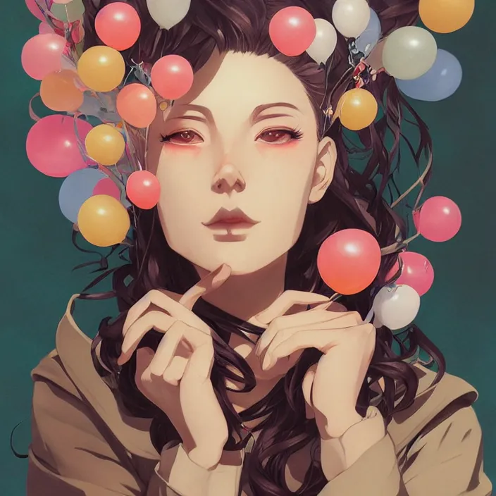 Image similar to anime skull portrait woman, balloons, mucha, hard shadows and strong rim light, art by jc leyendecker and atey ghailan and sachin teng