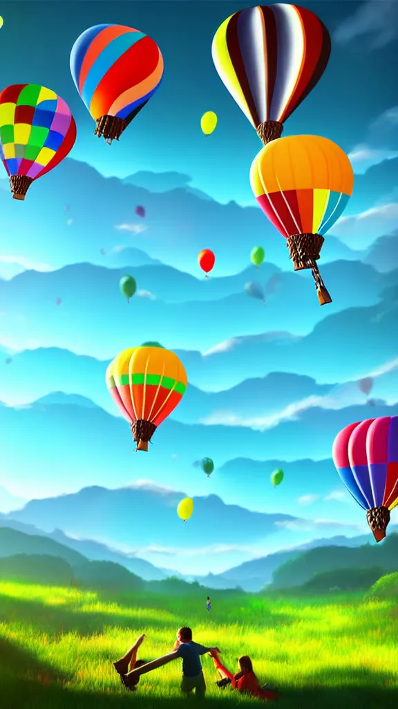 Image similar to large colorful balloons with people on rope swings underneath, flying high over the beautiful countryside landscape, professional painting, realistic, detailed, digital art, unreal engine