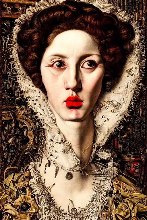 Prompt: Detailed maximalist portrait with large lips and with large eyes, sad exasperated expression, HD mixed media, 3D collage, highly detailed and intricate illustration in the style of Caravaggio, dark art, baroque