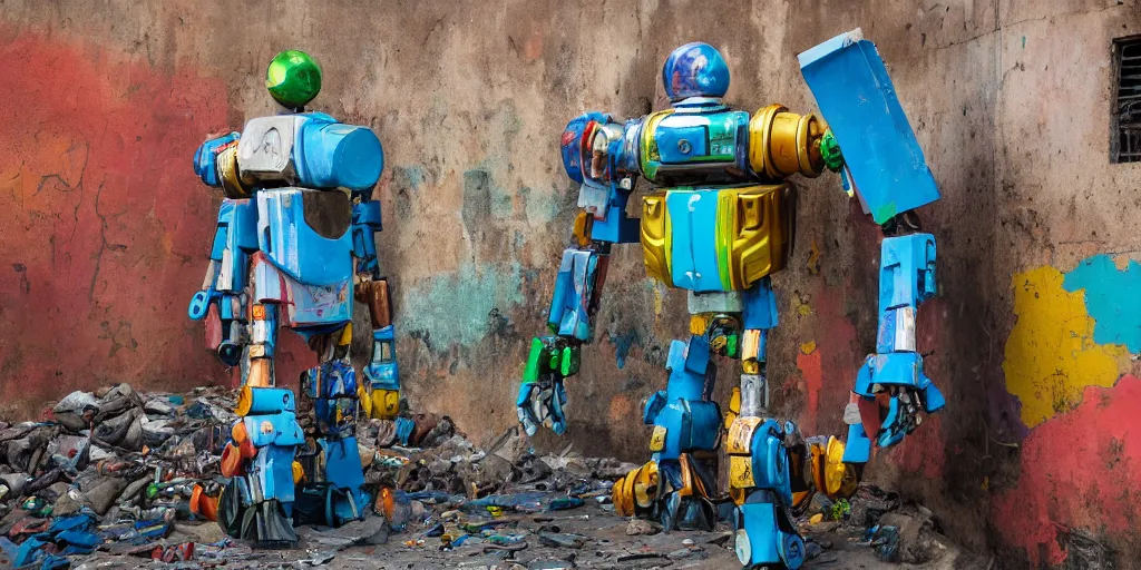 Image similar to colourful but damaged giant mecha ROBOT of AJEGUNLE SLUMS of Lagos, markings on robot, Golden Hour,