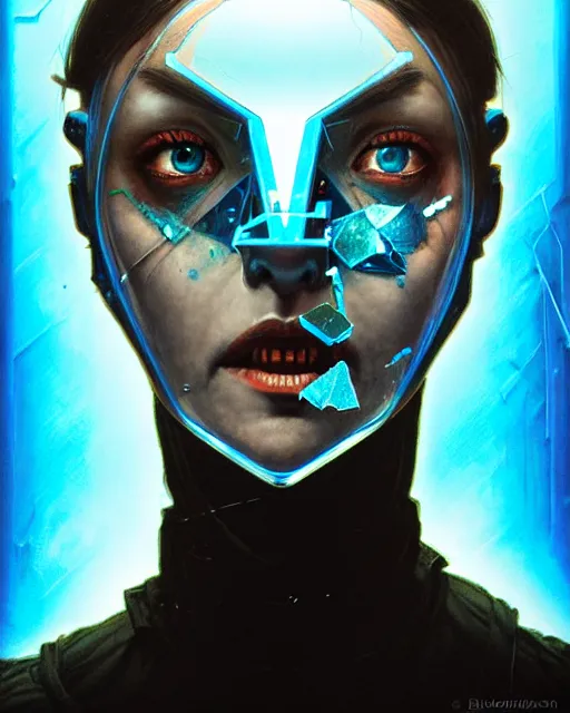 Prompt: echo from overwatch, shattered glass face, broken glass face, blue holographic face, character portrait, portrait, close up, concept art, intricate details, highly detailed, horror poster, horror, vintage horror art, realistic, terrifying, in the style of michael whelan, beksinski, and gustave dore