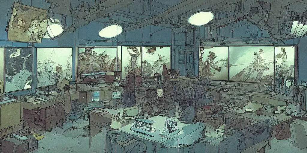 Image similar to writer's room, many screens, incredibly creative atmosphere, cameras, cinema, cinematic illustration by moebius, masterpiece