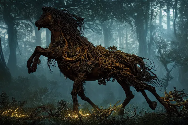 Image similar to a stunning horse made of gnarled wood with a thick mane of bioluminescent vines and flowers running through the woods by greg rutkowski, high key lighting, volumetric light, digital art, highly detailed, fine detail, intricate, ornate, complex, octane render, unreal engine, photorealistic