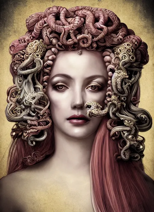 Image similar to a portrait of medusa, goddess by candy makeup, photorealistic, intricate details, hyper realistic, fantasy, elegant, baroque, horn, ram skull headpiece, photorealistic, photography, symmetrical features, symmetrical pose, wide angle shot, feet on the ground, wearable art, unreal engine