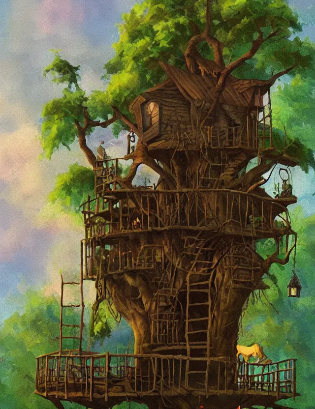 Prompt: steve buscemi building a tree house. gouache fairytale art, russian romanticism, muted palette, backlighting, depth of field