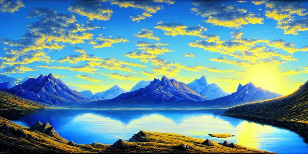 Image similar to a beautiful landscape, sun rises between two mountains, a lake in between the mountains, blue sky, cloudy, painting by john stephans, extremely detailed, hyper realism