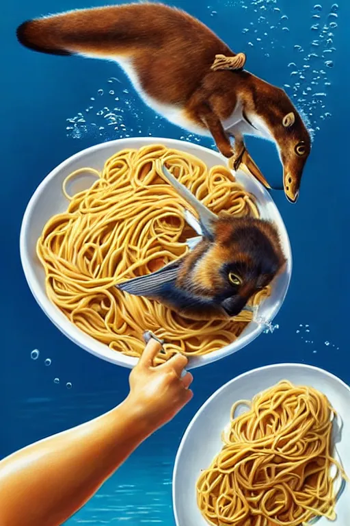 Image similar to olympic diving springoard, diver is diving head down into a dish of pasta, detailed realistic art, artgerm