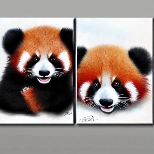 Image similar to animal friends cute fluffy baby red panda and cute fluffy black and white baby panda together with bamboo background, detailed 4k painting in the style of mark brooks