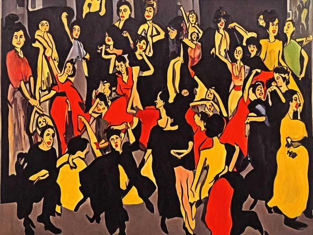 Image similar to woman movement, lisbon city at night, art in the style of paula rego