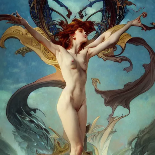 Prompt: stunning dynamic pose full body celestial goddess of dragons, 8k highly professionally detailed, hdr, CGSociety, dark fantasy, dynamic lighting, cinematic composition, glow, pristine, smooth, cosplay, elegant, sharp focus, DAZ, art by alphonse mucha and greg rutkowski and Francisco Goya,