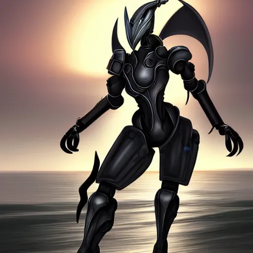 Image similar to pov shot being held in the metal hand of a cute stunning robot anthropomorphic female dragon, with sleek silver armor, a black OLED visor over the eyes, her maw open in front of the camera, about to consume you, on the beach at sunset, highly detailed digital art, furry art, anthro art, sci fi, warframe art, destiny art, high quality, 3D realistic, mawshot, Furaffinity, Deviantart