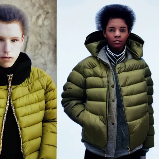 Prompt: realistic photoshooting for a new balenciaga lookbook color film photography portrait of a beautiful woman model, model wears a puffer jacket, photo in style of tyler mitchell, wes anderson