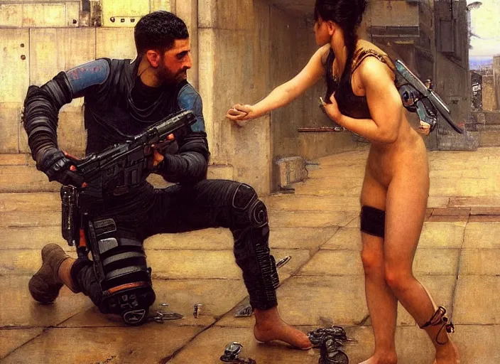 Image similar to Maria evades pvt griggs. Cyberpunk hacker escaping Cyberpunk cop. (police state, Cyberpunk 2077, blade runner 2049). Cyberpunk Iranian orientalist portrait by john william waterhouse and Edwin Longsden Long and Theodore Ralli and Nasreddine Dinet, oil on canvas. Cinematic, Realistic Proportions.