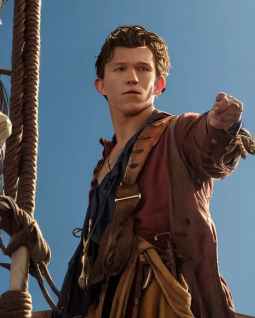 Image similar to film still of tom holland as a pirate, standing on the mast, realistic shaded lighting poster by greg rutkowski, cinematic lighting, sharp focus, highly detailed attributes and atmosphere