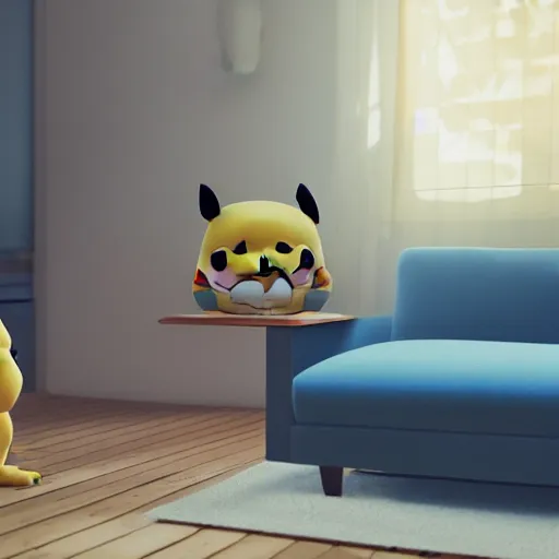 Image similar to Pikachu taking a bong rip on the couch, unreal engine 5, octane render, cgsociety, living room interior, soft lighting, ray tracing,