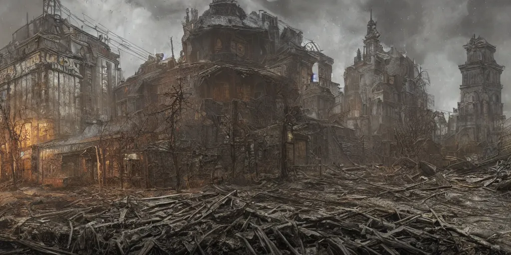 Image similar to A building made out of flesh as concept art for Metro Exodus, raining blood, flesh buildings, oil painting, painting by Viktor Vasnetsov, concept art, dark cityscape, brutalist architecture, painting by Ivan Shishkin and Alphonse Mucha, hyperborea, high resolution, trending on artstation,
