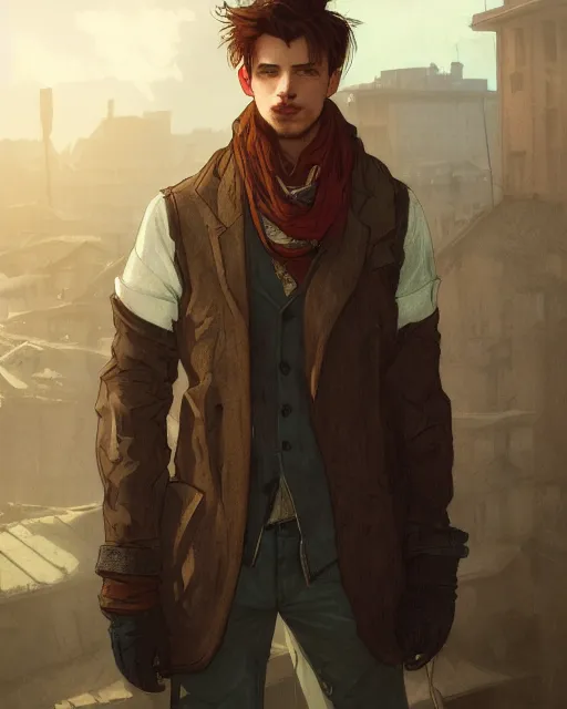 Prompt: portrait, cute young man, long auburn hair, post - apocalyptic, abandoned city, waistcoat, black greatcoat, scarf, very detailed, dusk, character illustration, cloudy sky, soft lighting, octane render, greg rutkowski, alphonse mucha, sung choi, 8 k, vibrant