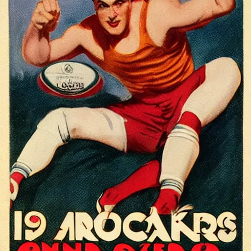 Image similar to 1920s magazine advertisement featuring a handsome blonde rugby player in a running pose, rugby ball in the crook of his arm, full color painting by J.C. Leyendecker