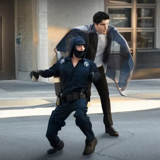 Prompt: ultra realistic photograph of angry Ezra Miller wearing flash costume being arrested by FBI outside Warner Bros Studio, 4K