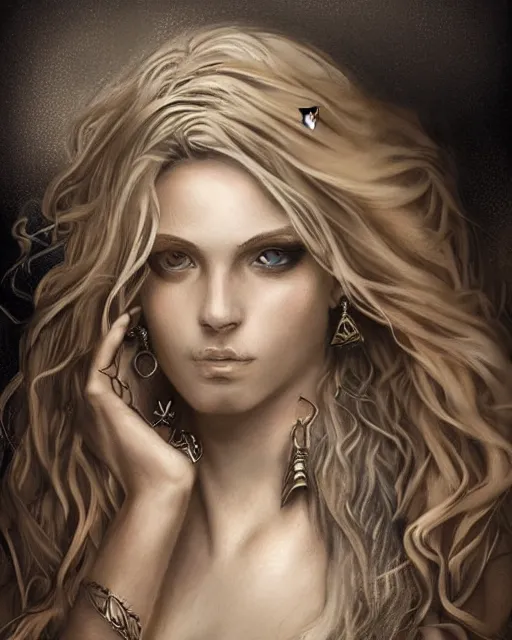 Image similar to tattoo sketch of beautiful greek goddess aphrodite with arrowhead earrings, beautiful feather jewelry, beautiful piercing eyes, flowing blonde hair, realistic face, hyper realistic, in the style of greg rutkowski, fantasy, amazing detail, epic, elegant, smooth, sharp focus, from the front