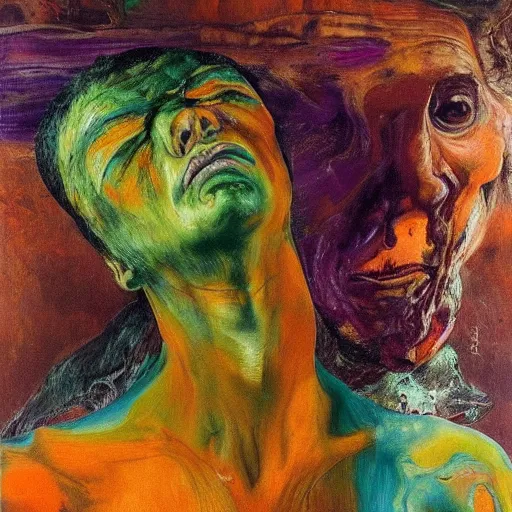 Prompt: high quality high detail expressionist painting zdzislaw beksinski by lucian freud and jenny saville and francis bacon and francisco goya and edvard munch, hd, anxiety, turquoise and purple and orange and pink