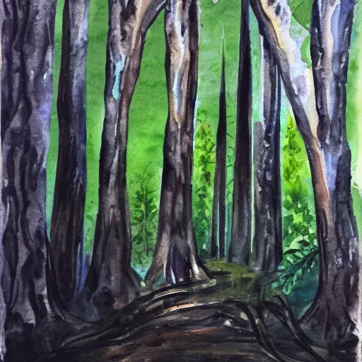 Image similar to dark forest, watercolor, oil painting