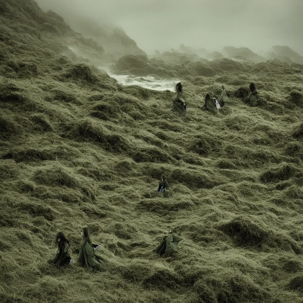 Image similar to dark and moody 1 9 7 0's artistic spaghetti western film in color, a group of women in a giant billowing wide long flowing waving green dresses, standing inside a green mossy irish rocky scenic landscape, crashing waves and sea foam, volumetric lighting, backlit, moody, atmospheric, fog, extremely windy, soft focus