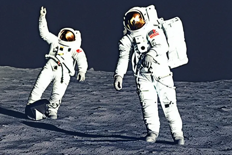Image similar to Paul mccartney playing on the moon in an astronaut outfit, face visible. mouth open wide