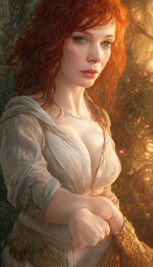 Image similar to christina hendricks, lord of the rings, sweaty insane, intricate, highly detailed, digital painting, artstation, concept art, smooth, sharp focus, illustration, unreal engine 5, 8 k, art by artgerm and greg rutkowski and alphonse mucha