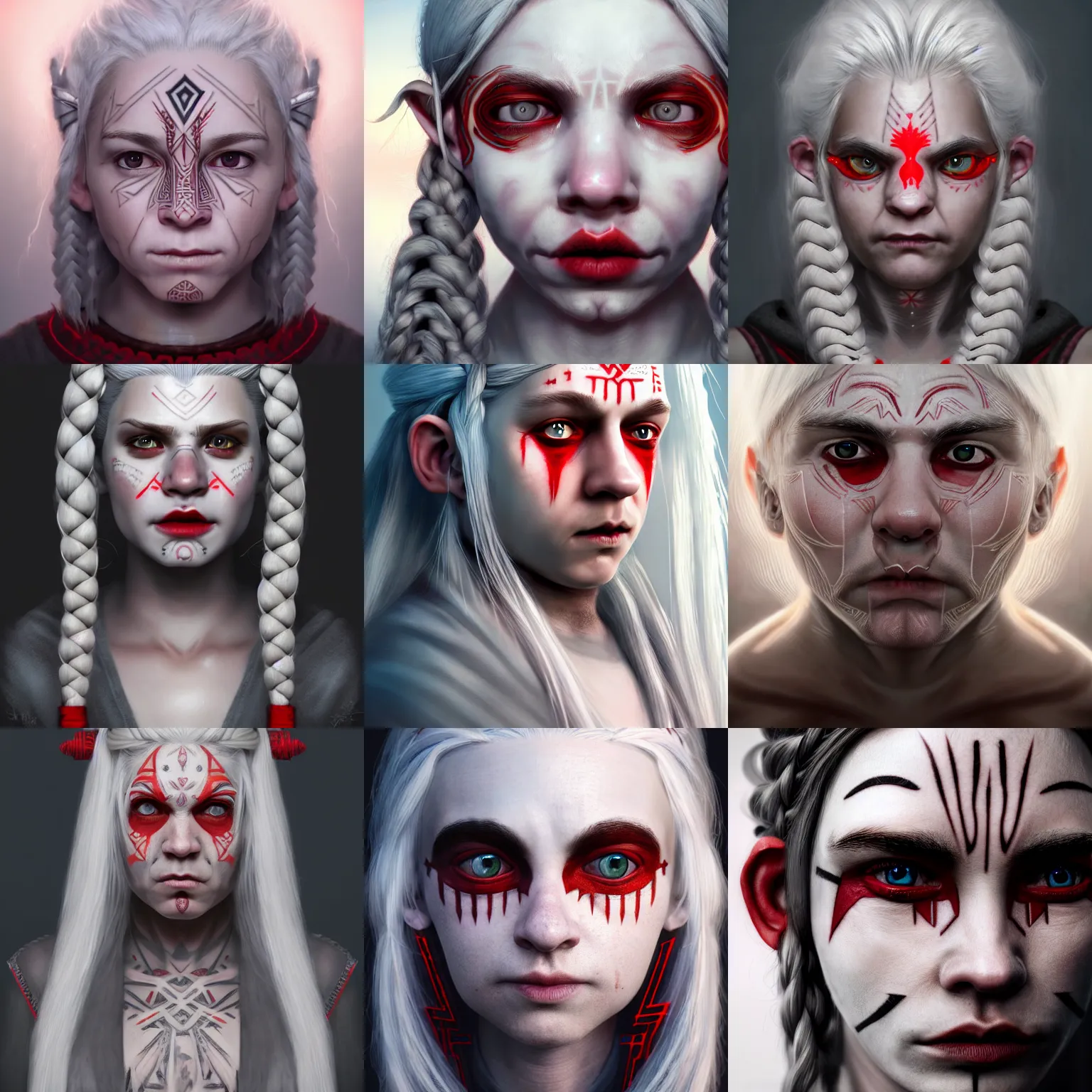 Prompt: realistic portrait of halfling with white hair, strange geometric facial tattoos, grey robe, pale - white skin, red eyes, long braided hair, haunted expression, artstation, cinematic lighting, hyper - detailed 8 k