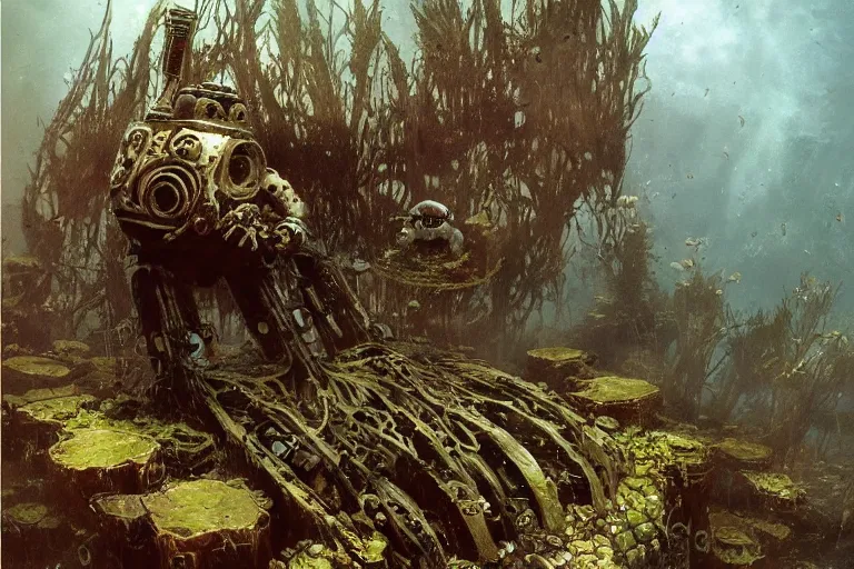 Prompt: a sunken robot made out of driftwood, overtaken by vegetation and algae, submersed, underwater, by Frank Frazetta, detailed, epic, intricate artstation