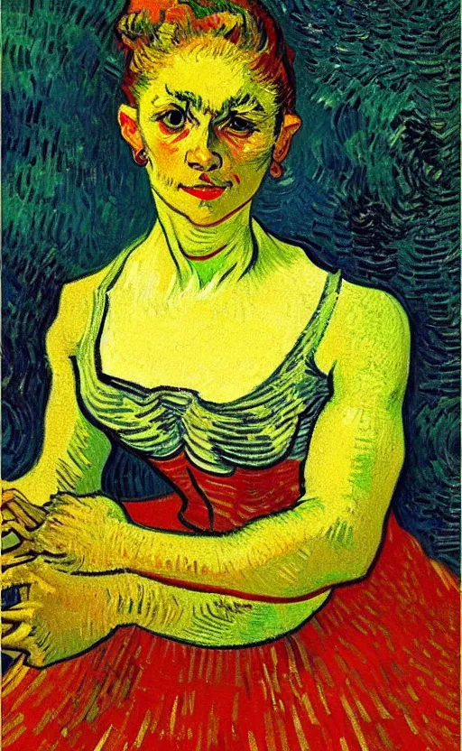 Image similar to detailed expressionist!! oil painting masterpiece portrait of a dancer on stage!! by van gogh, 8 k resolution, smooth, sharp focus, matte painting, beautiful masterpiece expressionist painting