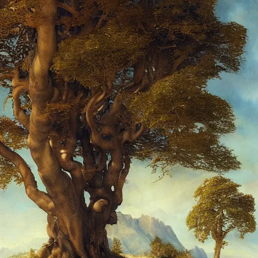 Prompt: The most beautiful and majestic and glorious Trees, oil on canvas, by Albrecht Durer, by Greg Rutkowski, trending on ArtStation, concept art, masterpiece, detailed, cinematic composition, rule of thirds, 8K, no frames, no humans, no animals,