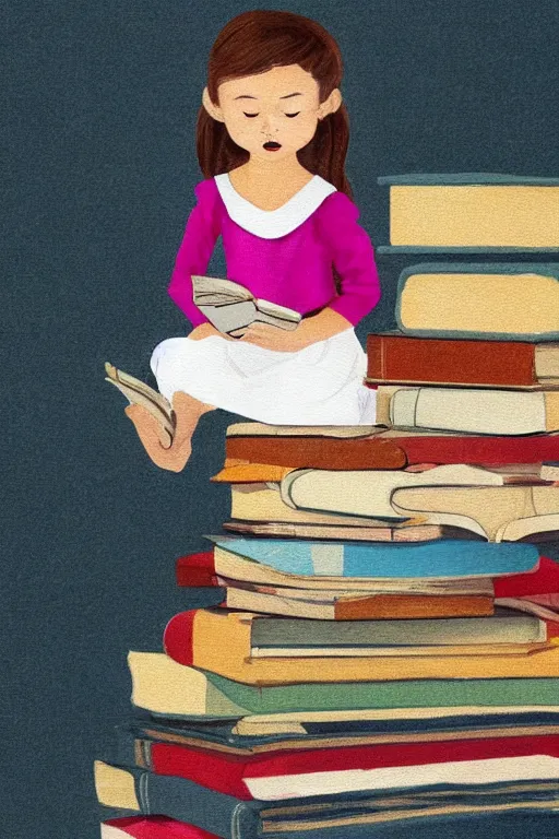 Image similar to a little girl sits cross legged on top of a tall pile of books. she is reading. clean elegant pretty cartoon painting, beautiful detailed face.