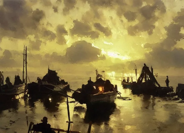 Prompt: oil painting of fishing village in dawn by anders zorn, wonderful art by greg rutkowski, incredible lighting, shadows, beautiful cinematic light, american romanticism by greg manchess, very bright and optimistic